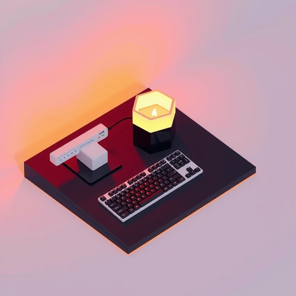 Minimalist desk setup with glowing candle shape